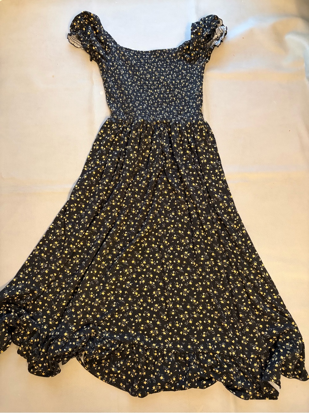 Urban Outfitters Black Smocked Waist Midi Dress with Yellow Floral Print